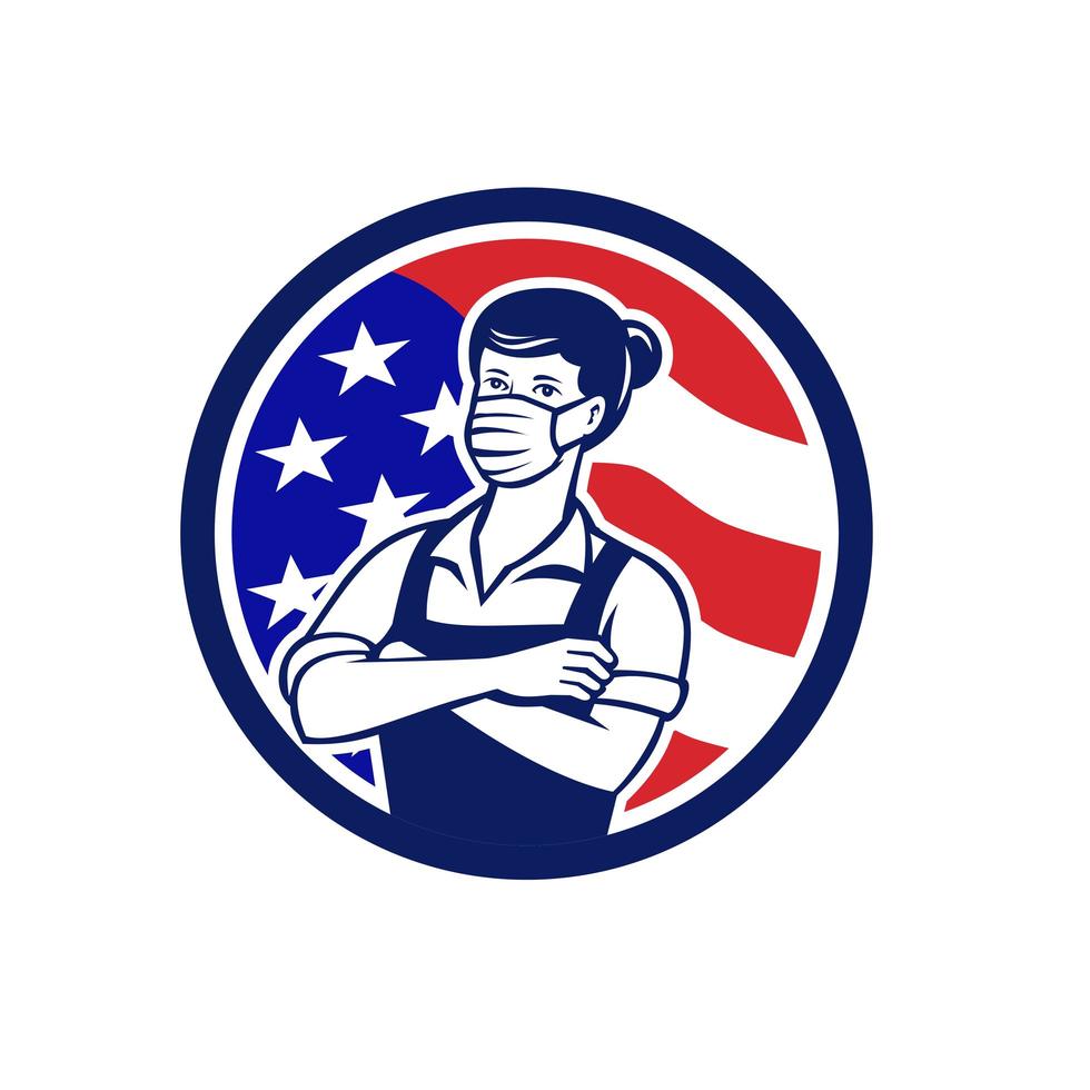 trabajadora de supermercado usa bandera círculo retro vector