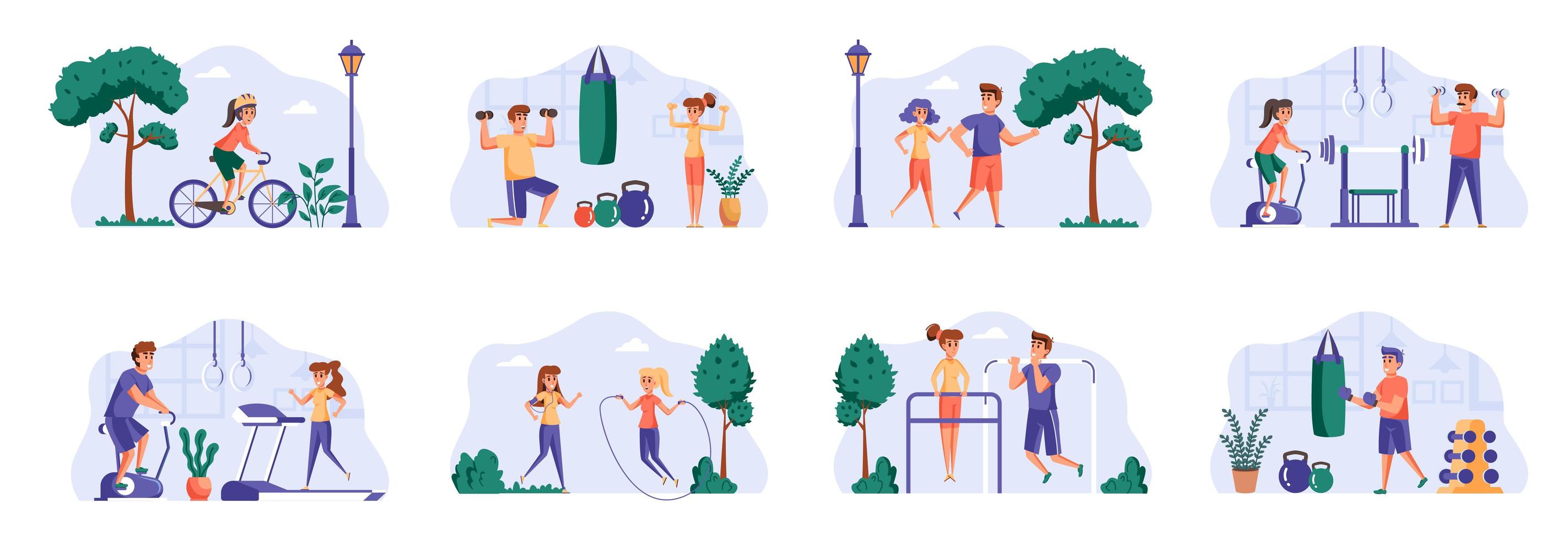 Paquete de escenas de fitness con personajes de personas. vector