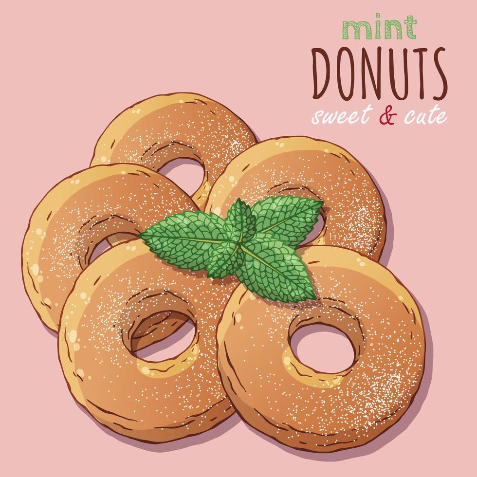 Group of vector illustrations on the sweets theme set of different kinds of donuts decorated with powdered sugar and mint. Realistic isolated objects for your design.