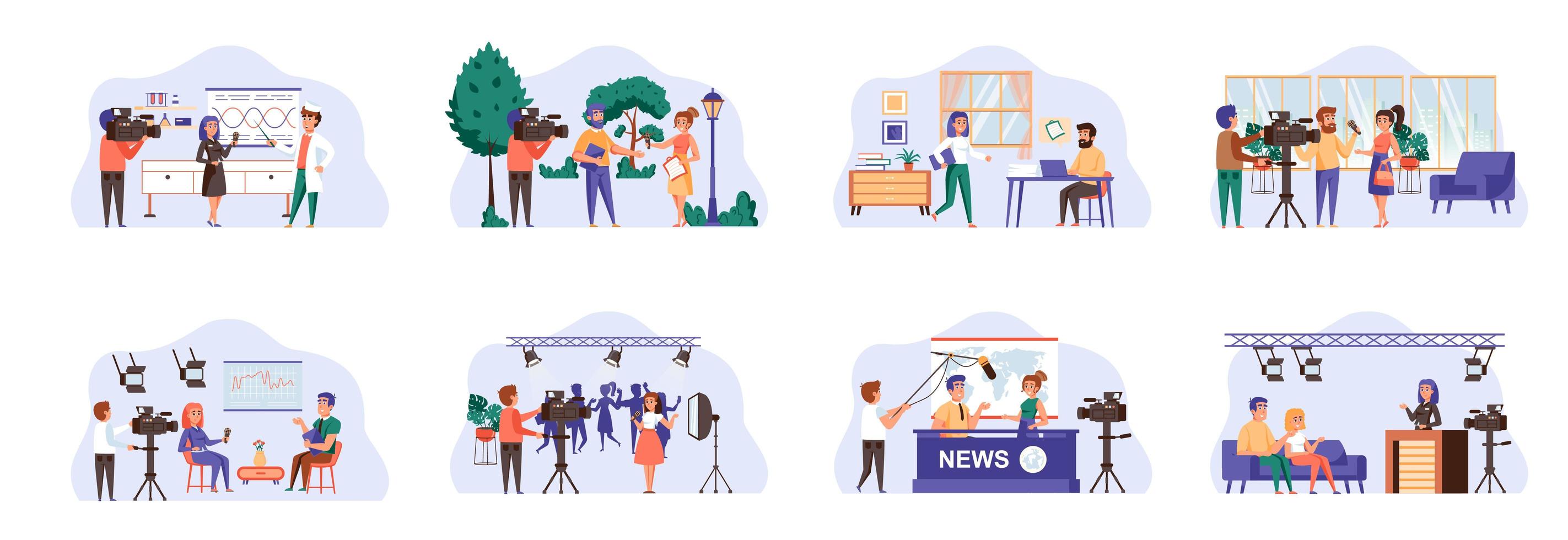 Journalism bundle of scenes with flat people characters. vector