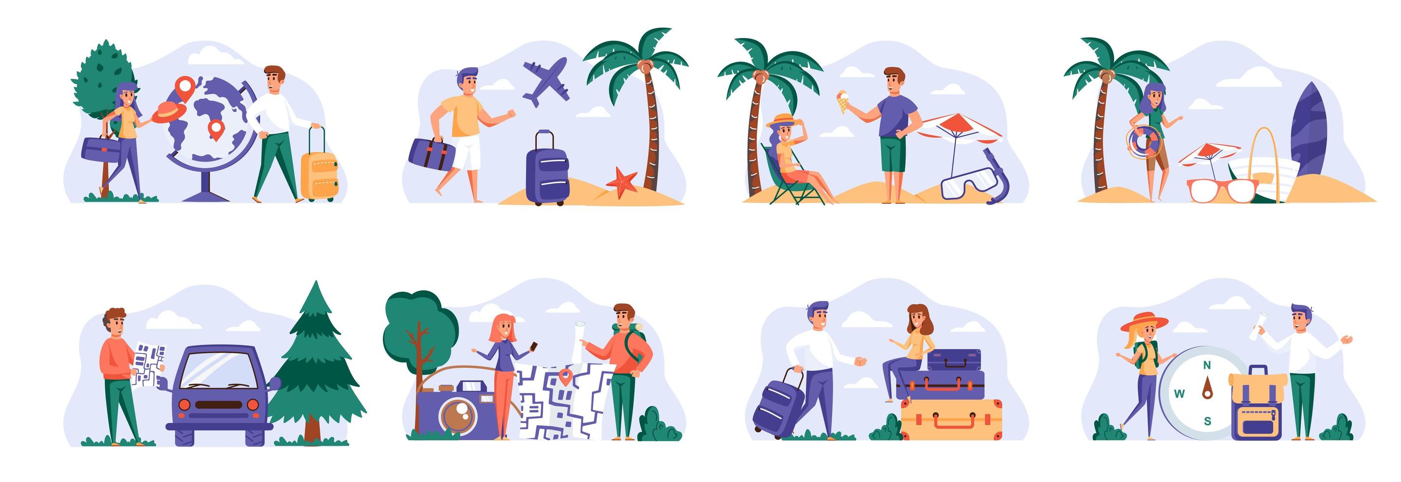 Travel vacation scenes bundle with people characters. vector