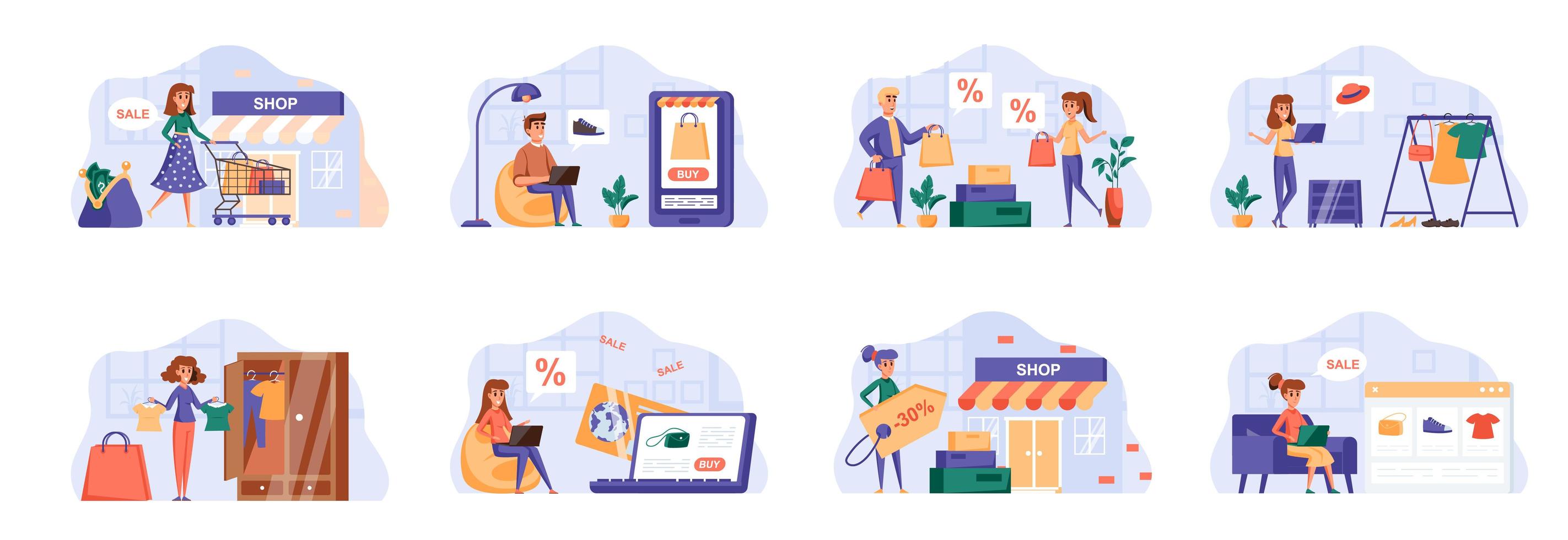 Shopping scenes bundle with people characters. vector