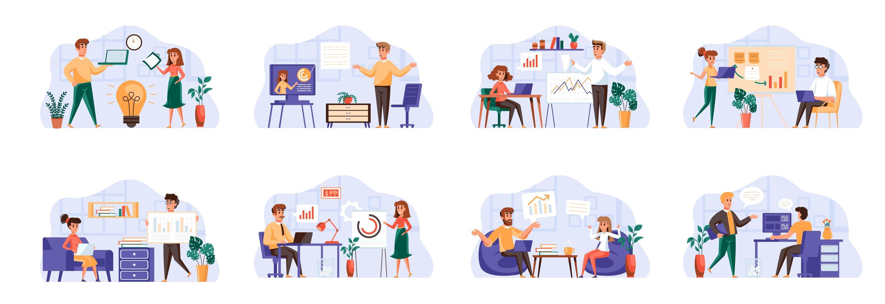 Business meeting scenes bundle with people characters. vector