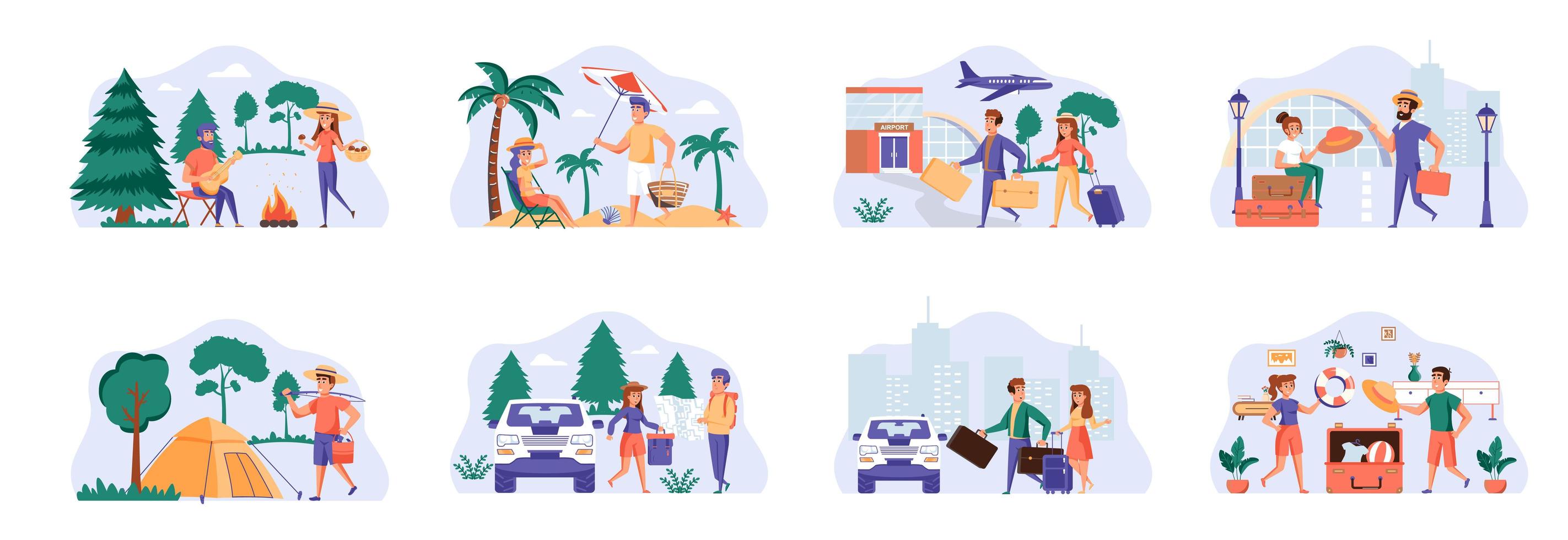 Travel vacation bundle of scenes with people characters. vector