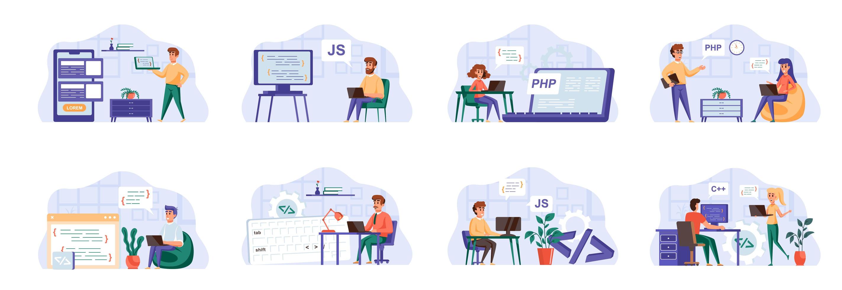 Paquete de escenas de programación con personajes de personas. vector