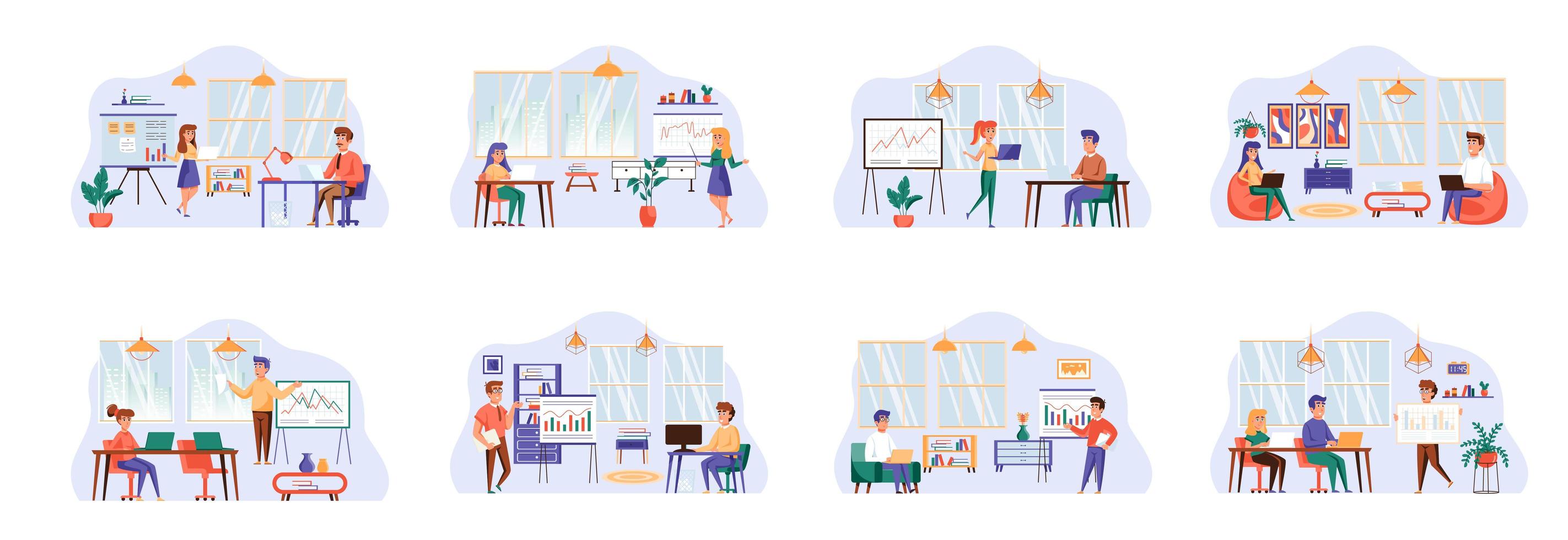Office manager bundle of scenes with people characters. vector