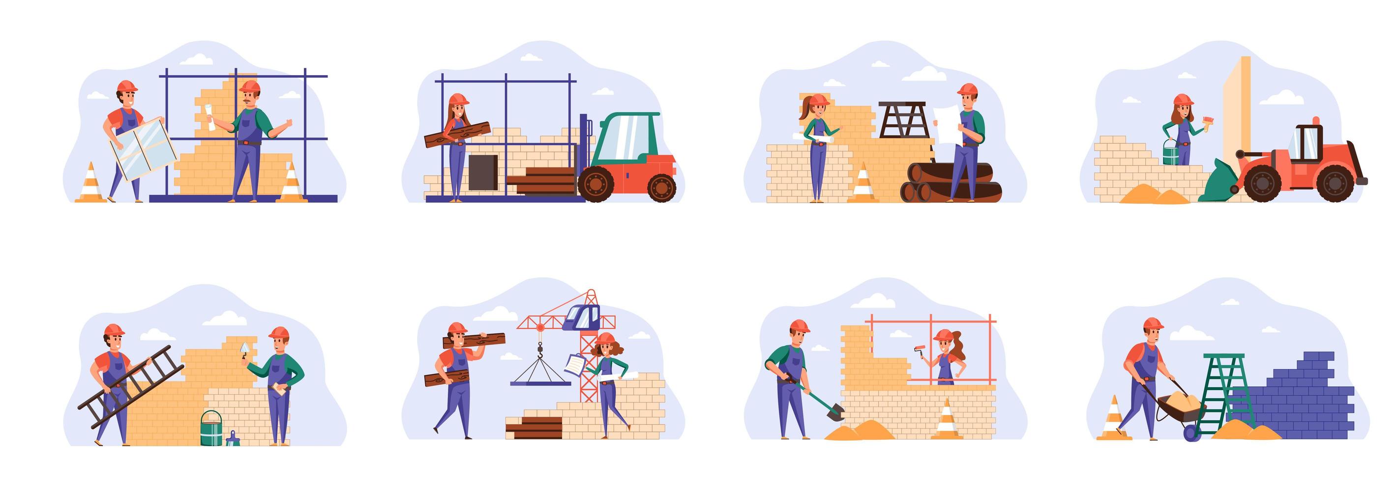 Builders scenes bundle with people characters. vector