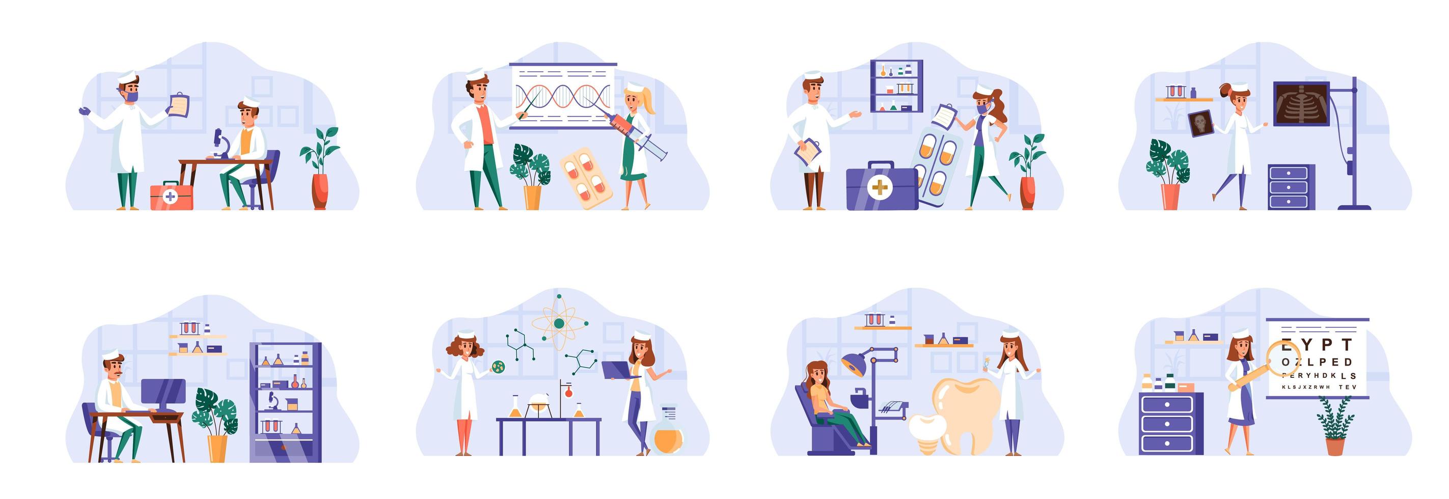 Medicine scenes bundle with people characters. vector