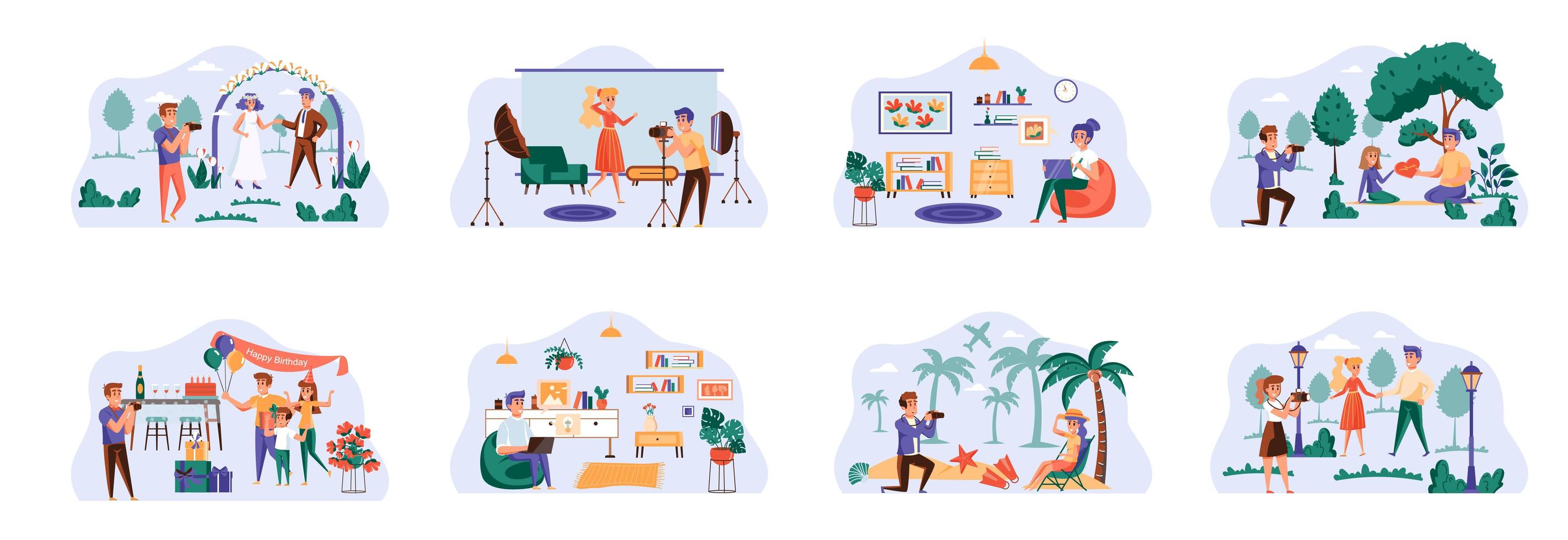 Designers and photographers bundle of scenes with people characters. vector
