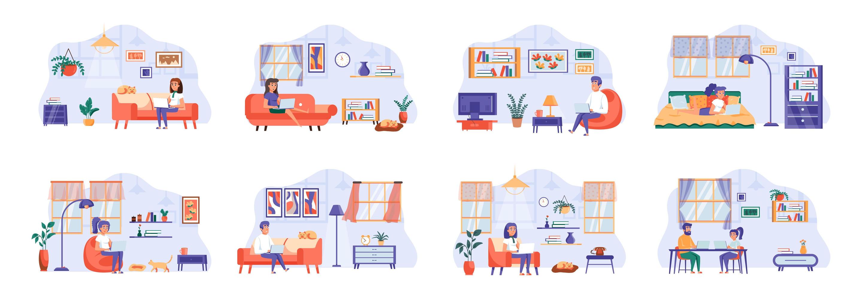 People stay at home scenes bundle with people characters. vector