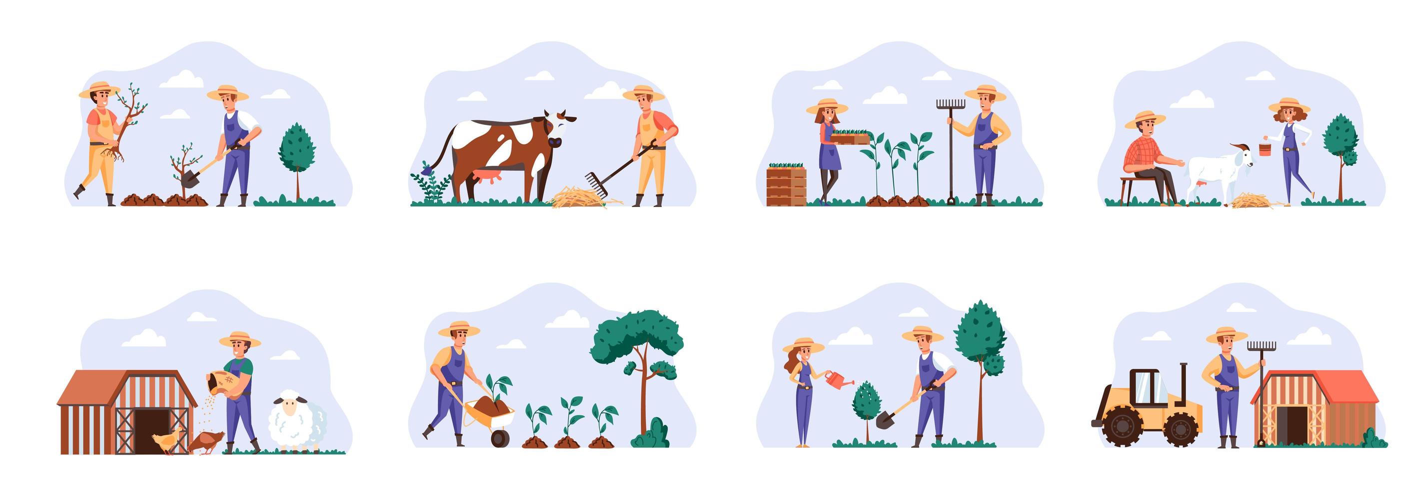 Farmers scenes bundle with people characters. vector