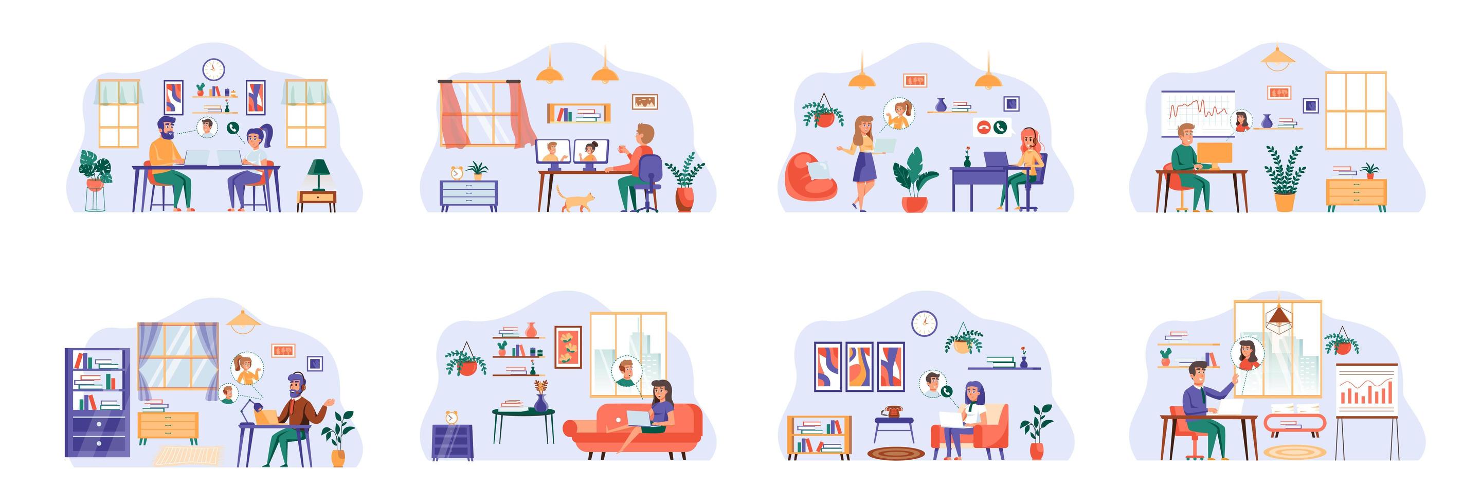 Video conference bundle of scenes with flat people characters. vector