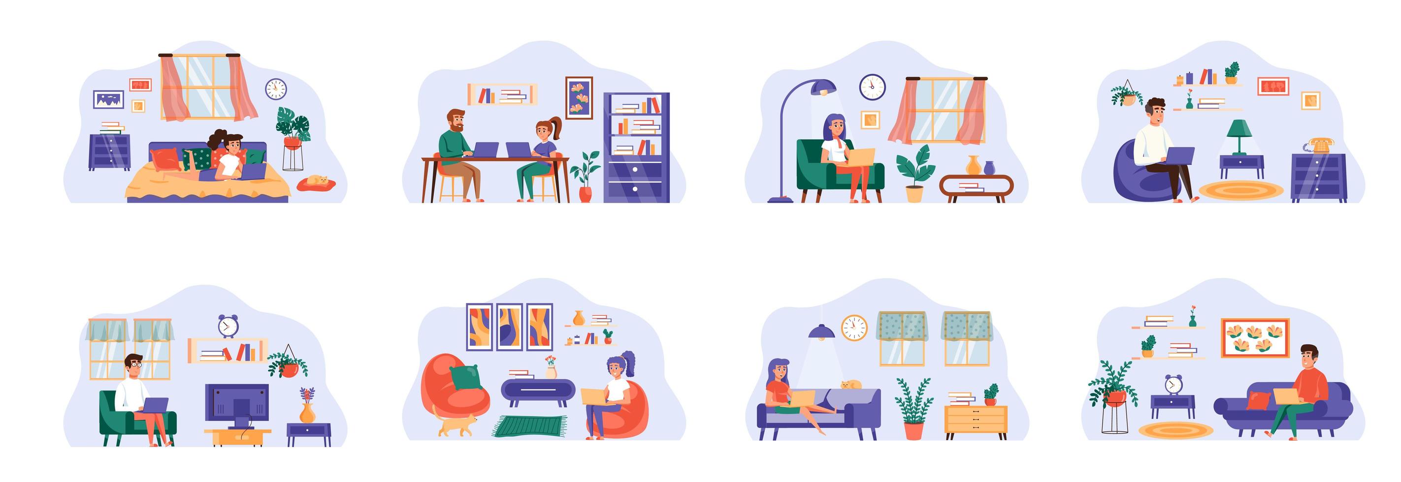 Freelance bundle of scenes with flat people characters. vector