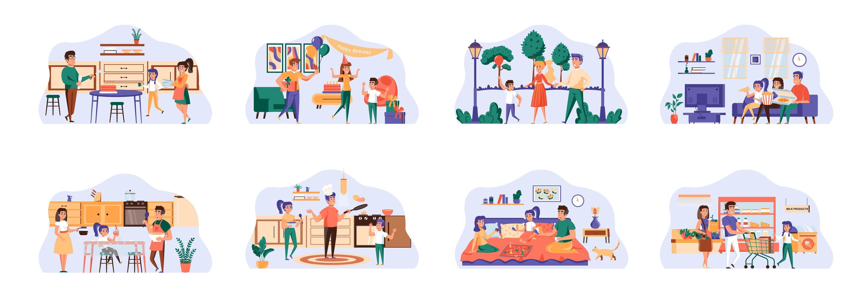 Family bundle of scenes with flat people characters. vector