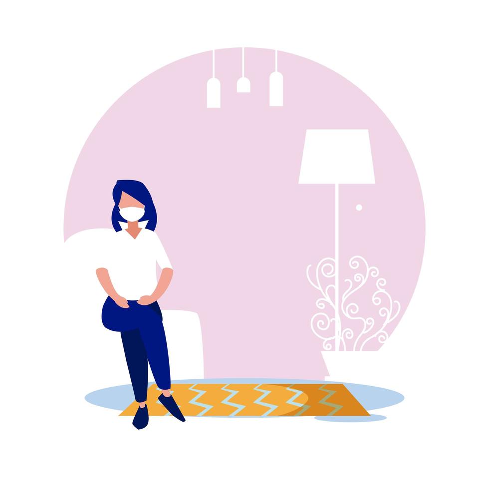 mujer con máscara en casa diseño vectorial vector