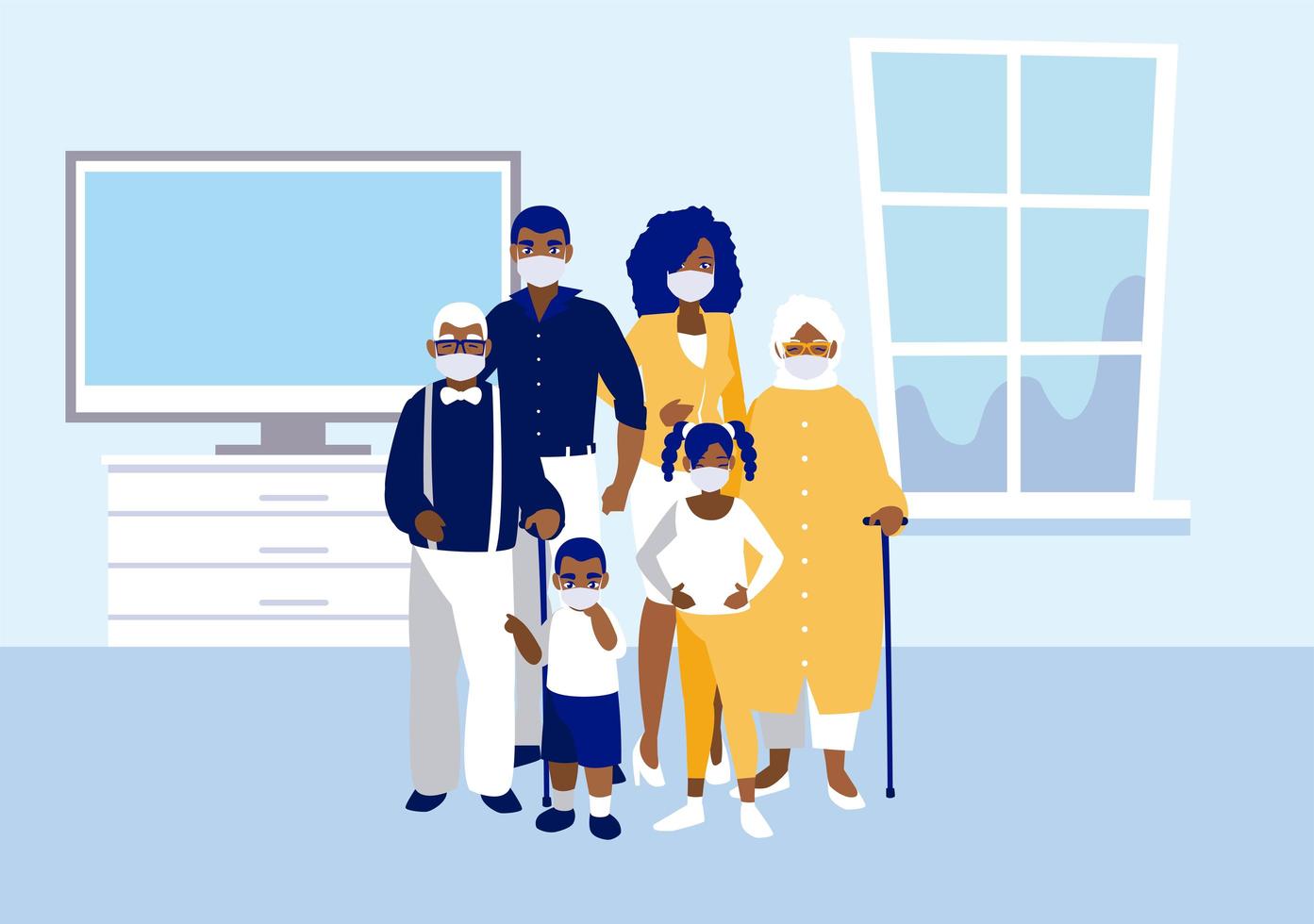 Family with masks at home vector design