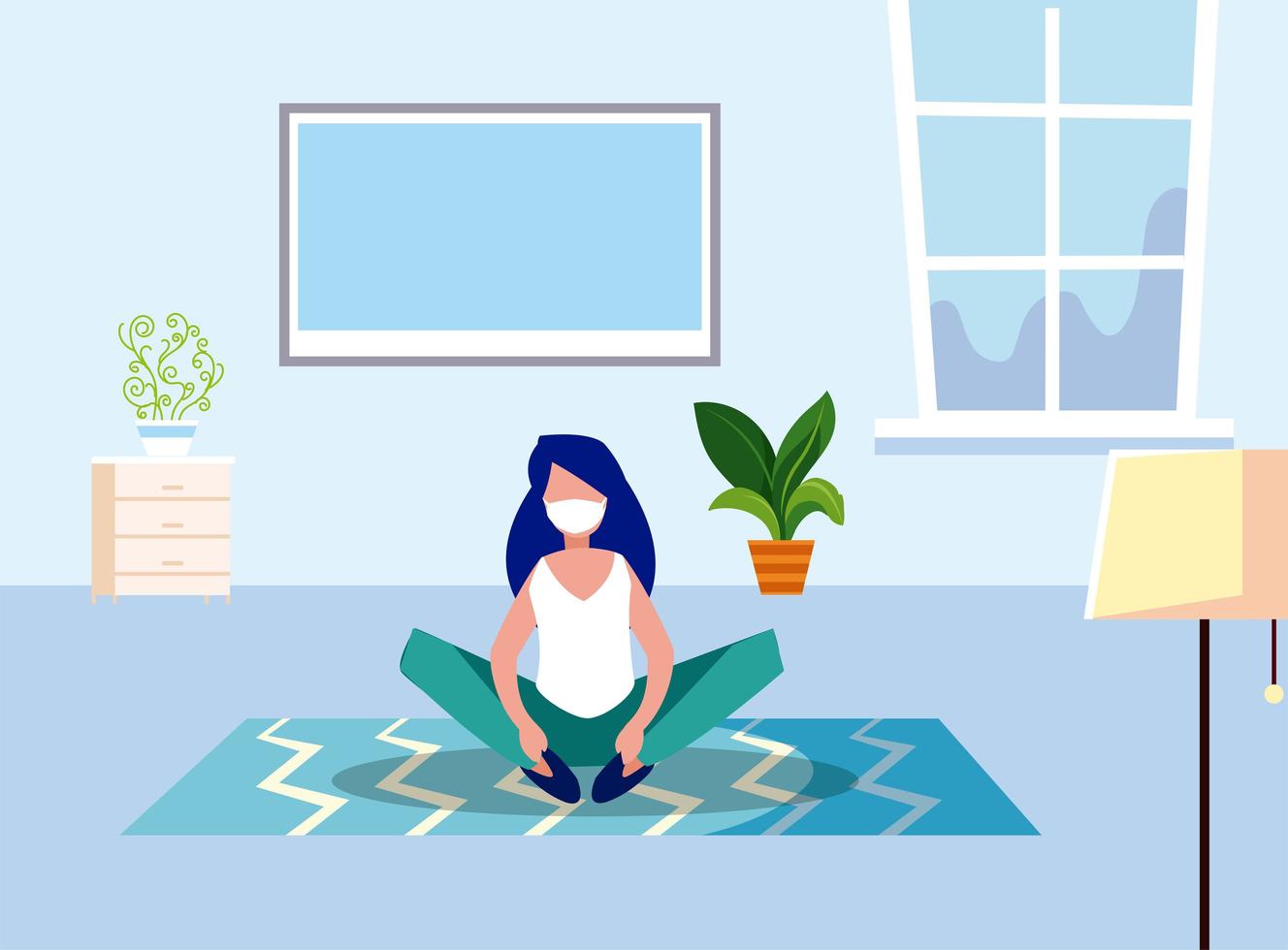 mujer con máscara en casa diseño vectorial vector