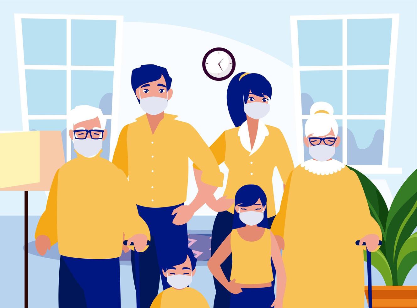 Family with masks at home vector design