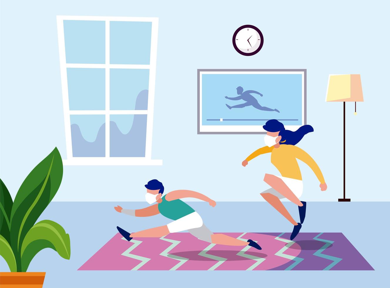 Woman and man exercise with masks at home vector design