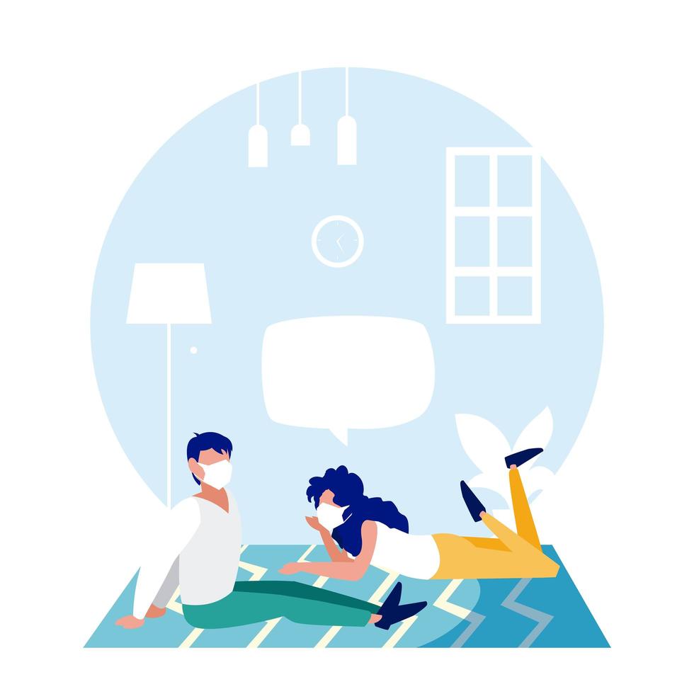 Woman and man with masks at home vector design