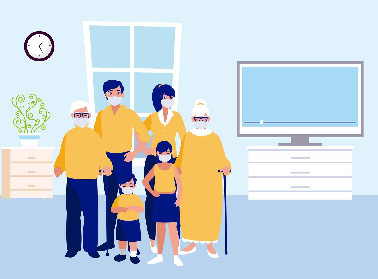 Family with masks at home vector design