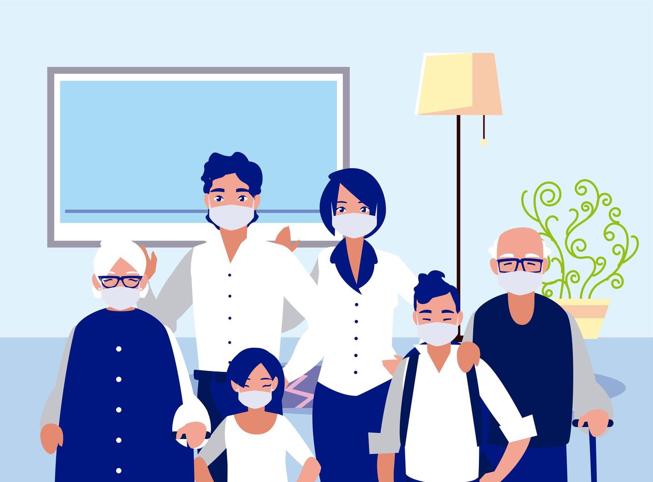 Family with masks at home vector design