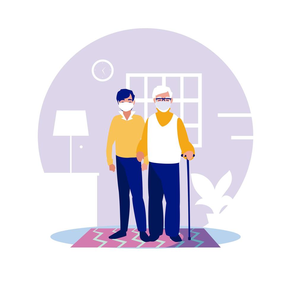 Man and grandfather with masks at home vector design