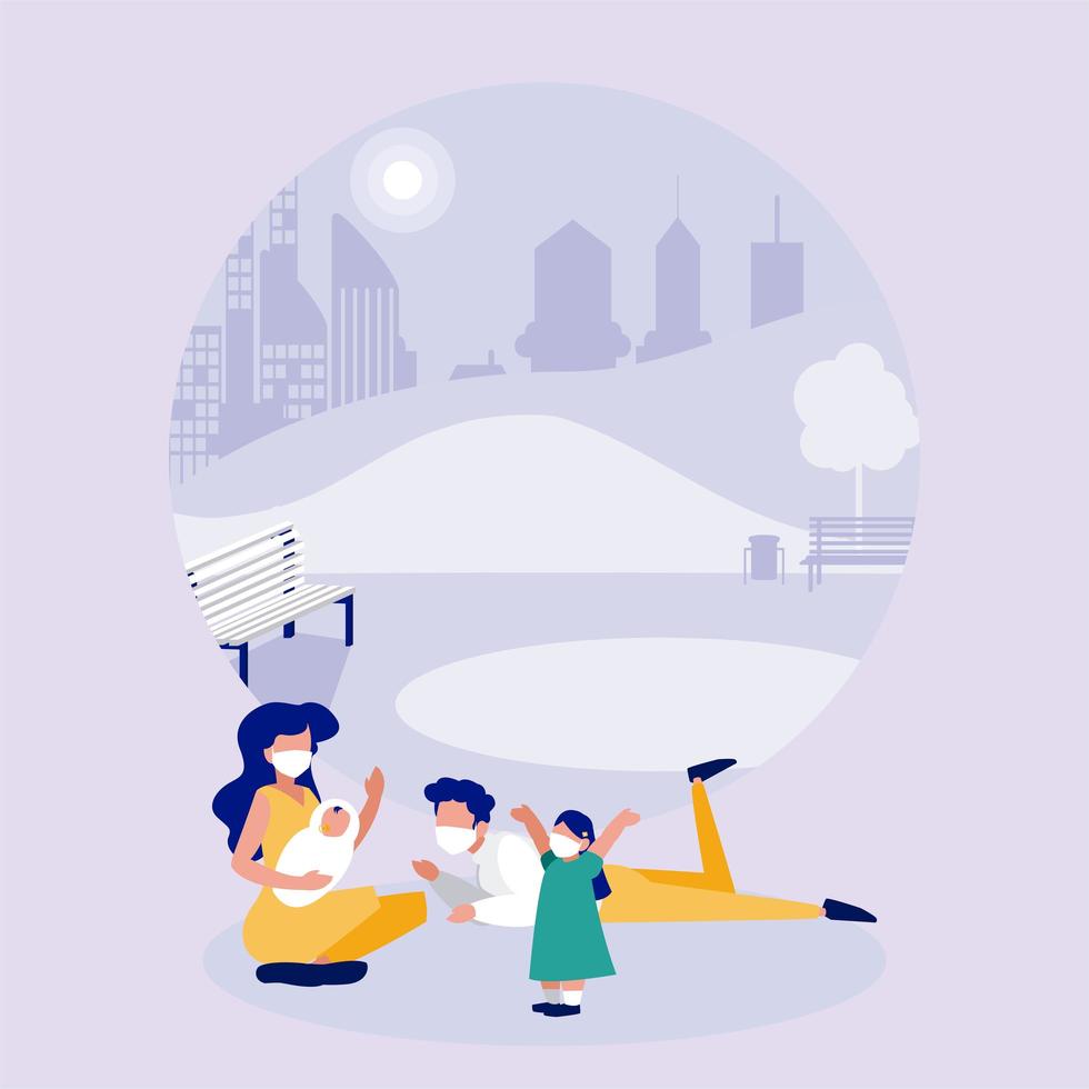 Family with masks at park in front of city vector design