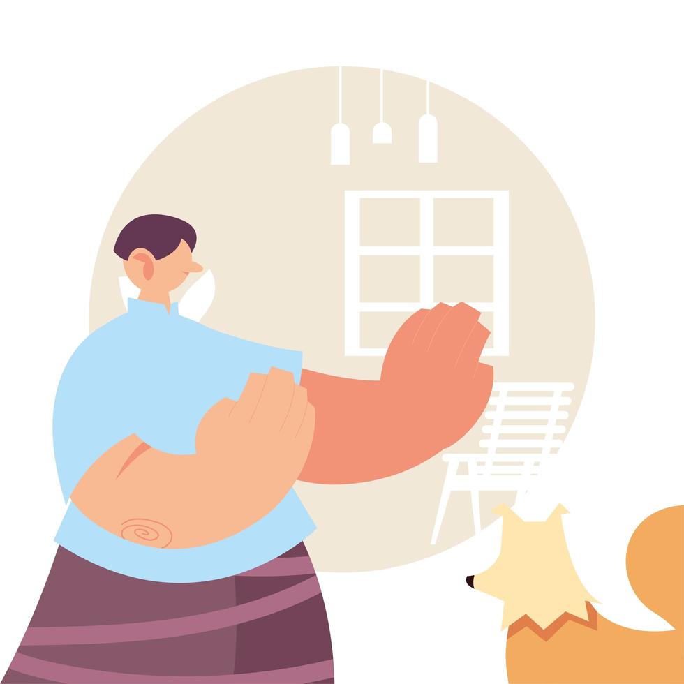 man and pet at home for coronavirus prevention vector
