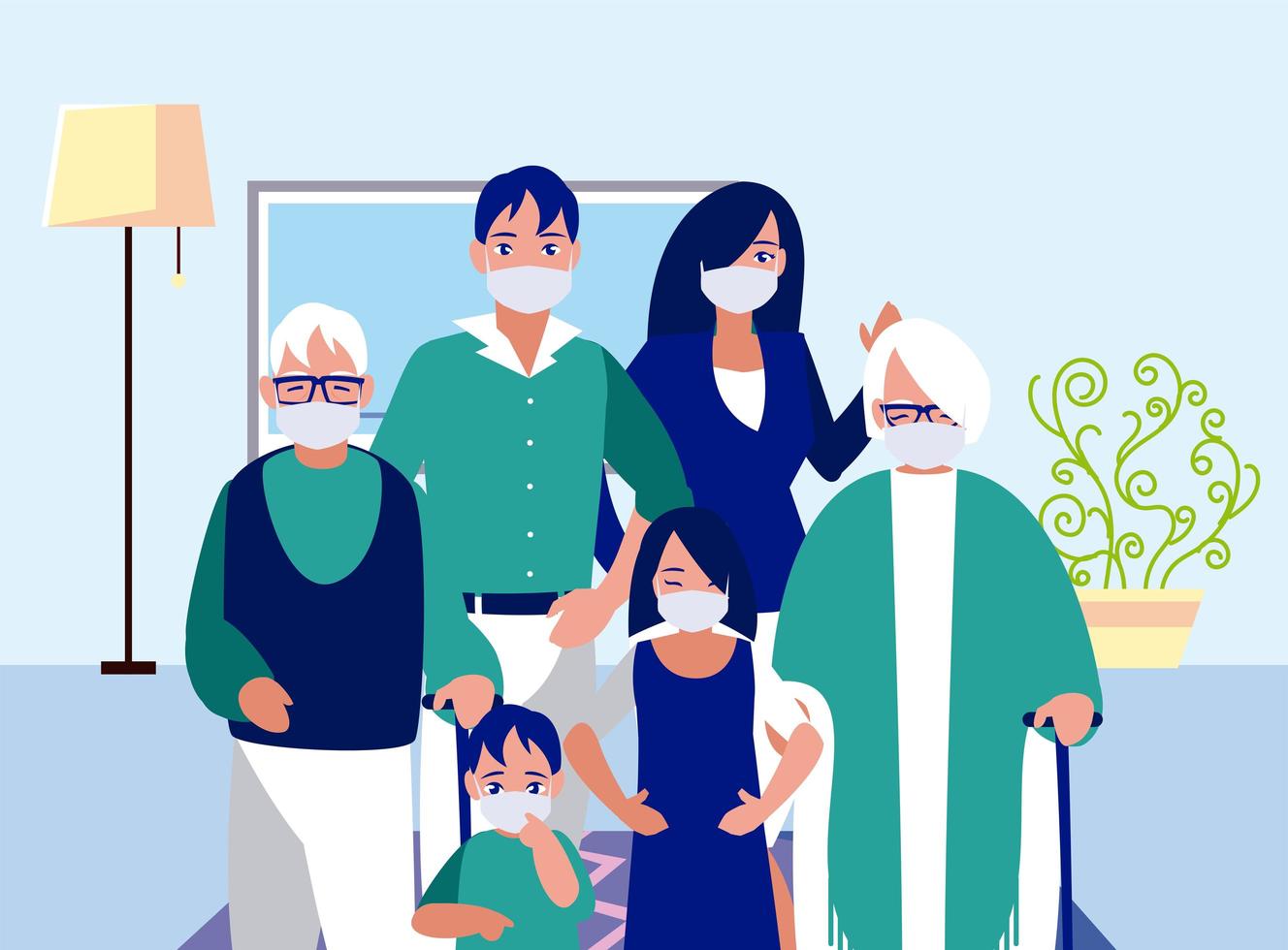 Family with masks at home vector design