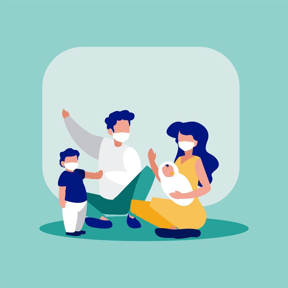 Family with masks in front of frame vector design