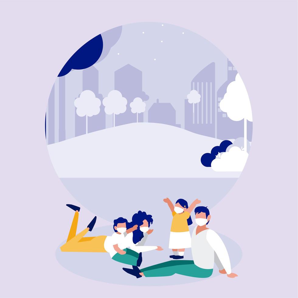 Family with masks at park in front of city vector design