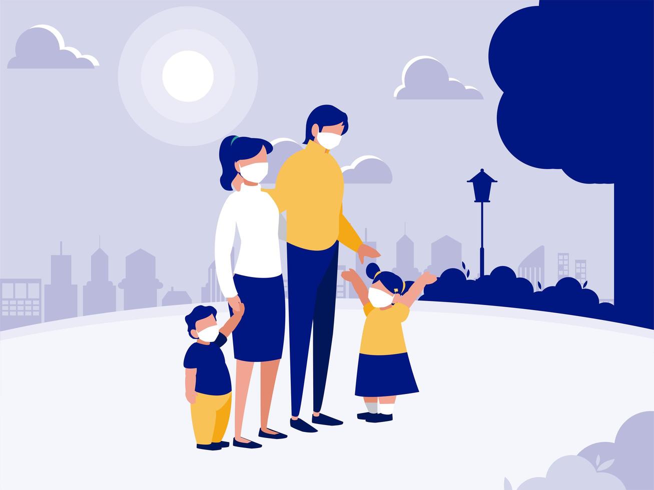 Family with masks at park in front of city vector design