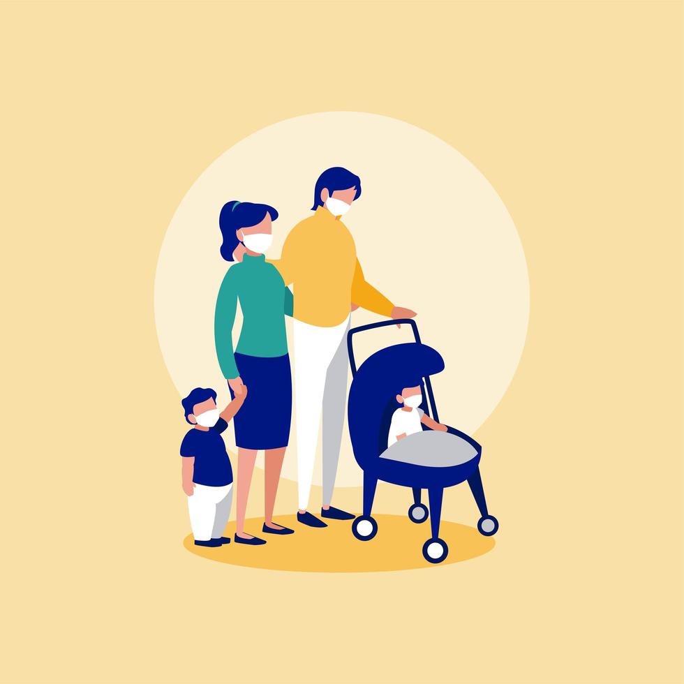 Family with masks in front of circle vector design