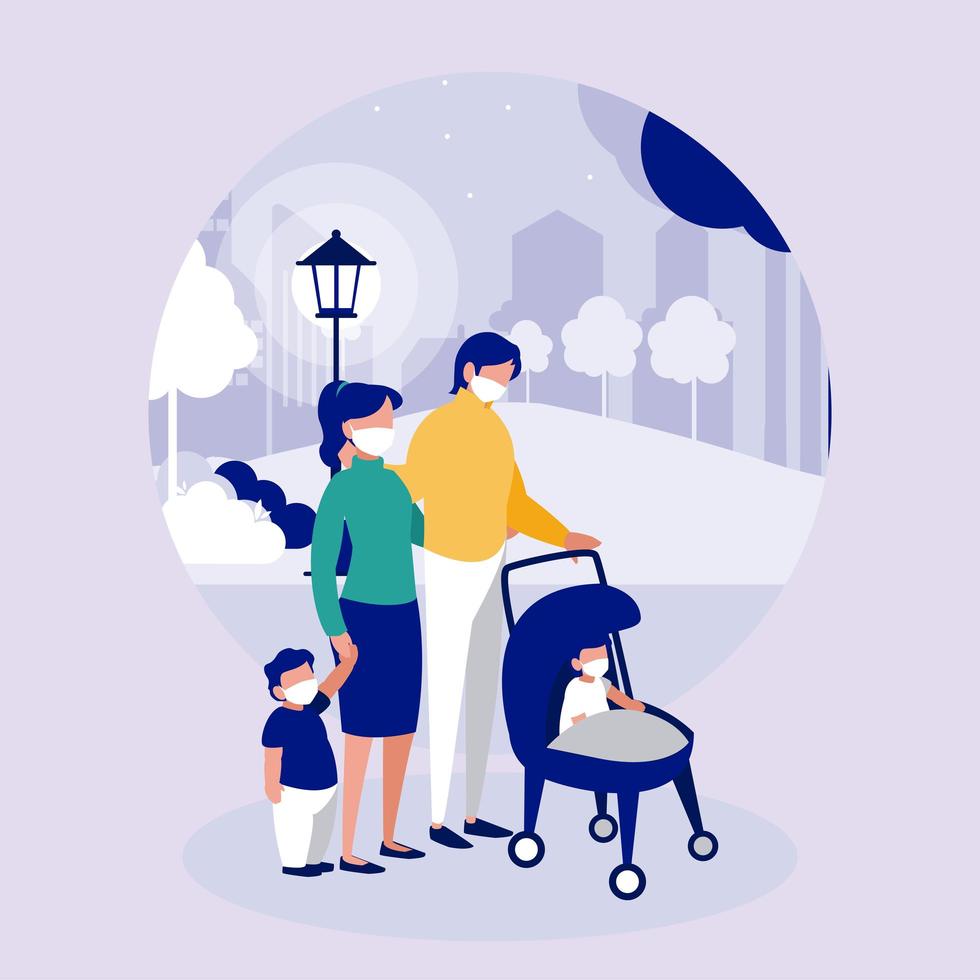 Family with masks at park in front of city vector design