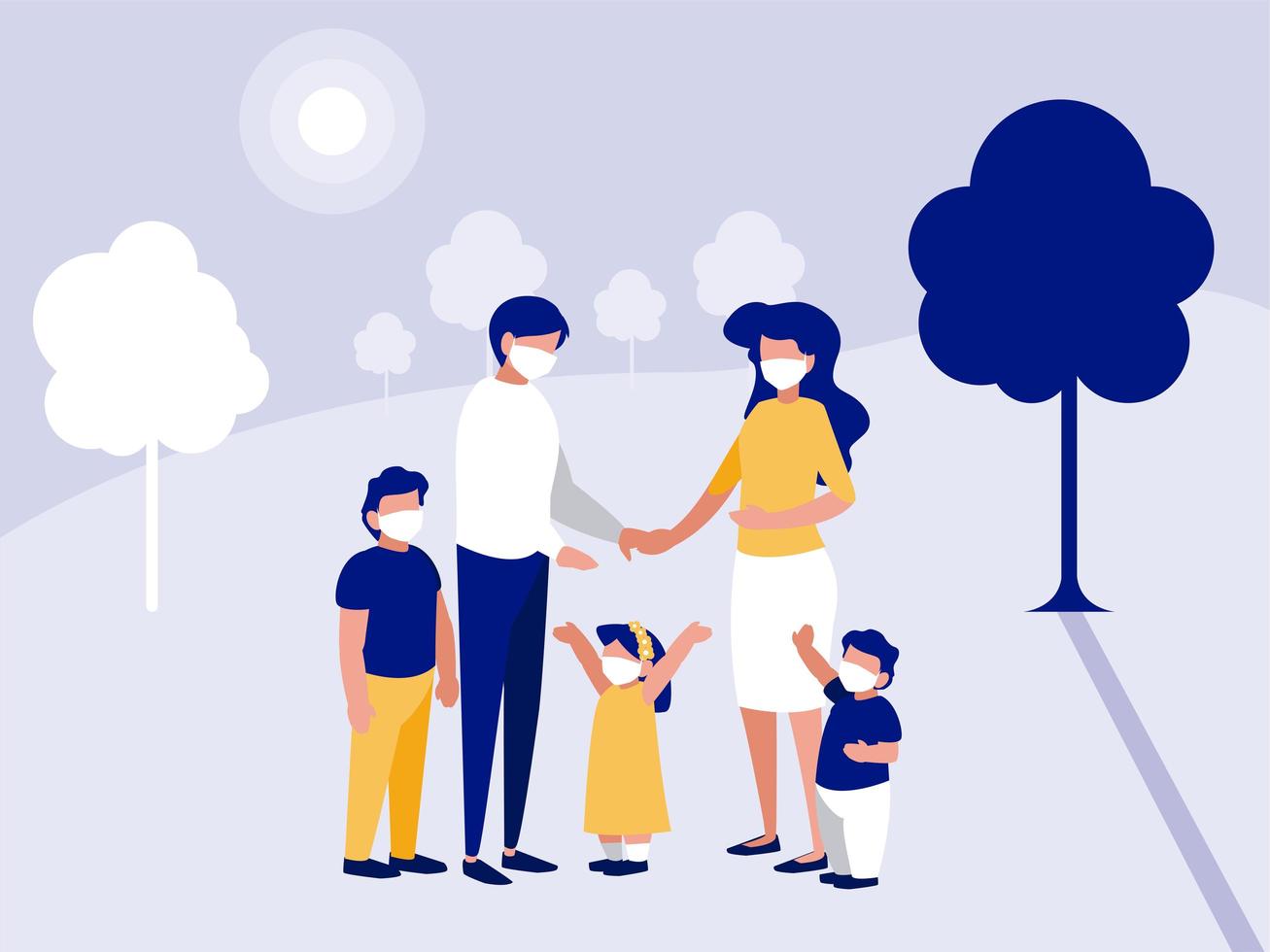 Family with masks at park with trees vector design