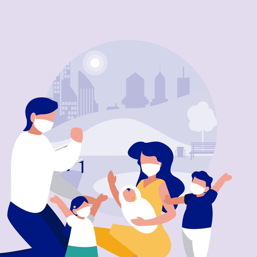 Family with masks at park in front of city vector design