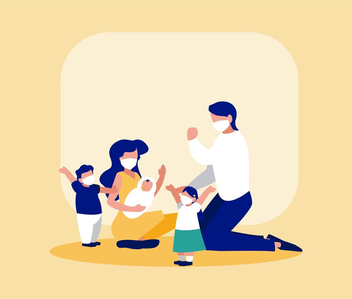 Family with masks in front of frame vector design