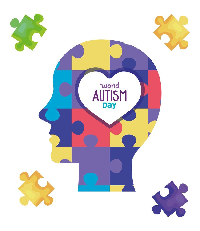 world autism day with head profile and puzzle pieces vector