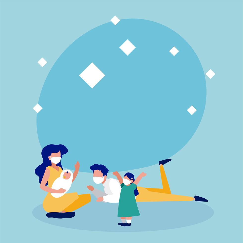 Family with masks in front of circle vector design