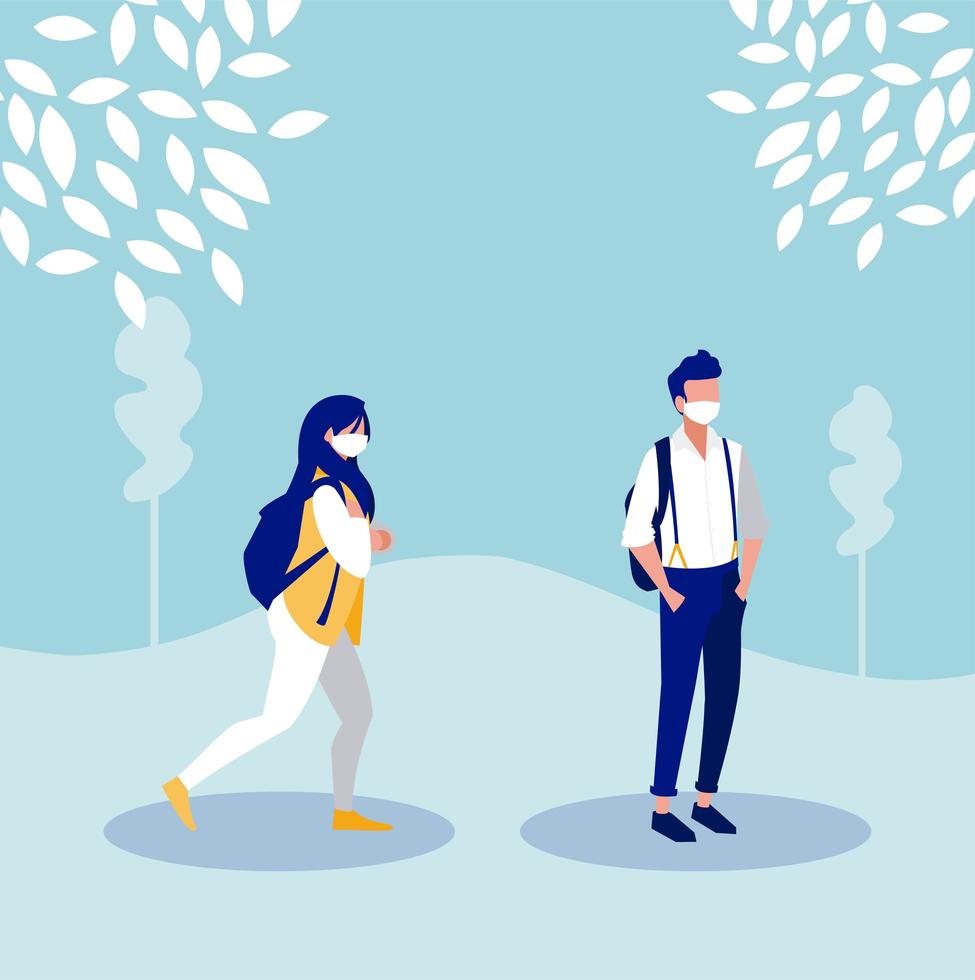 Woman and man with mask outside vector design