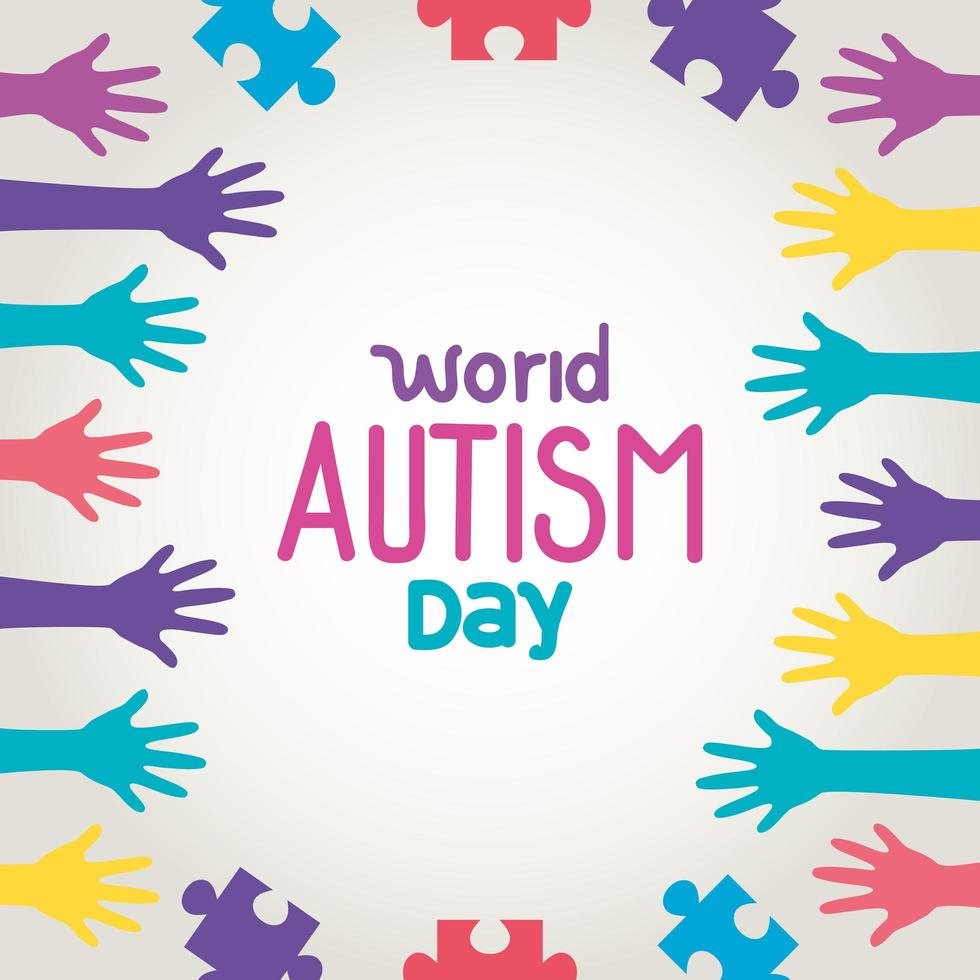 world autism day with hands and puzzle pieces vector