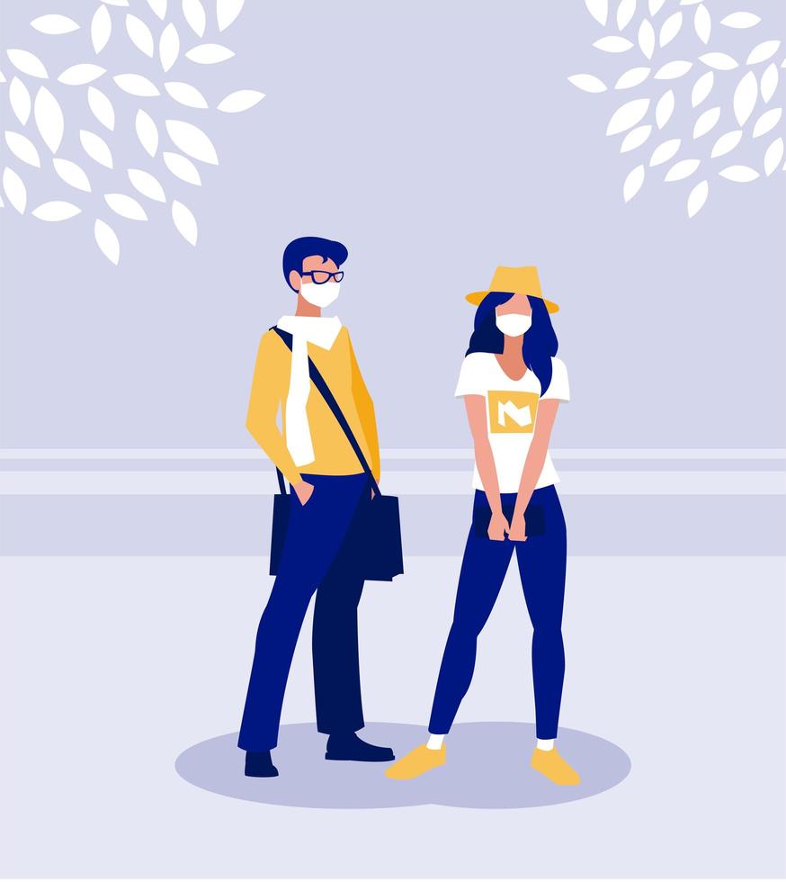 Woman and man with mask outside vector design