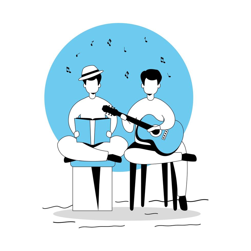 Hombres con guitarra y libro icono aislado vector