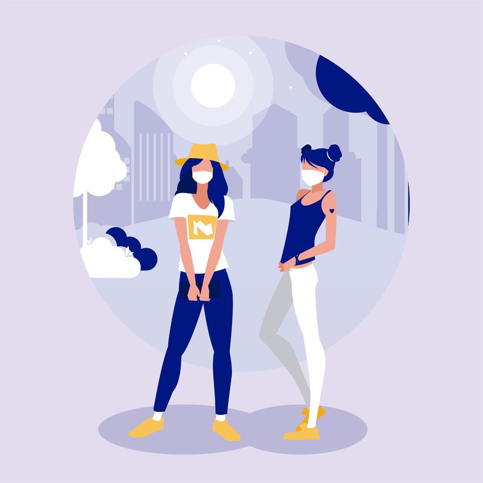 Women with masks at park vector design