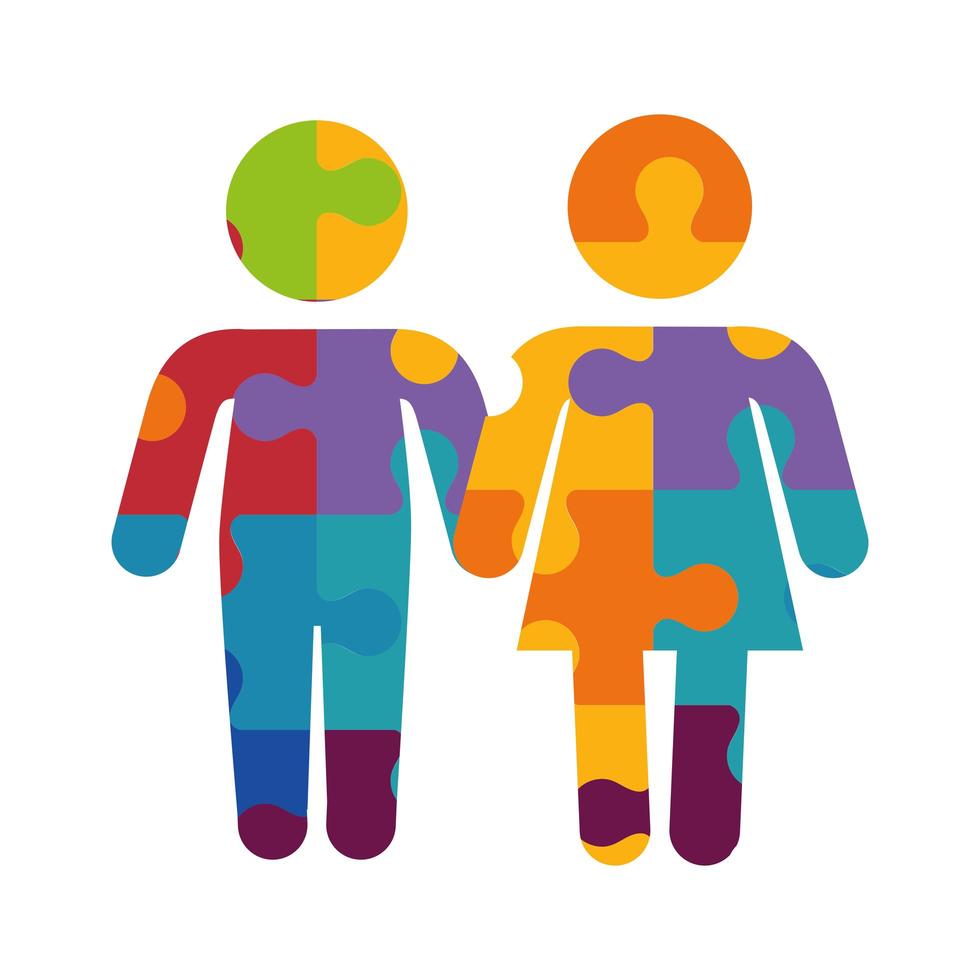 figure woman and man of puzzle pieces icons vector