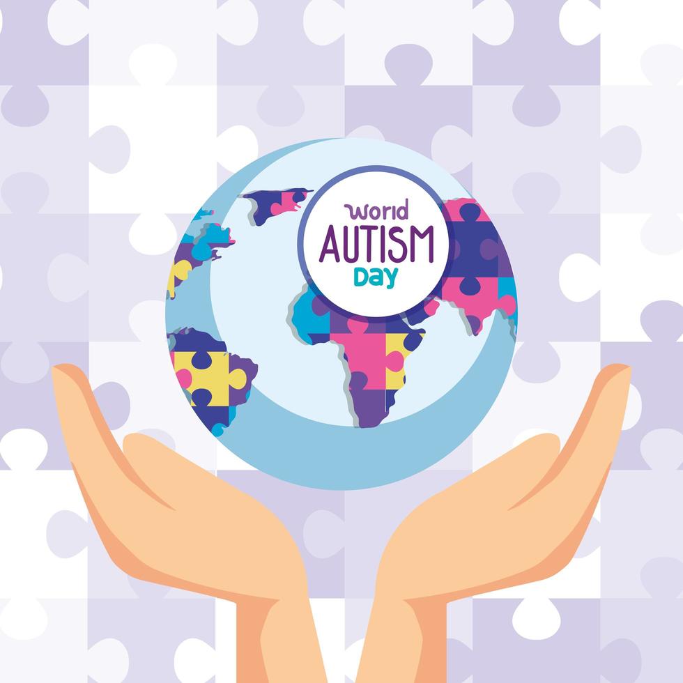 día mundial del autismo y planeta mundial con manos vector