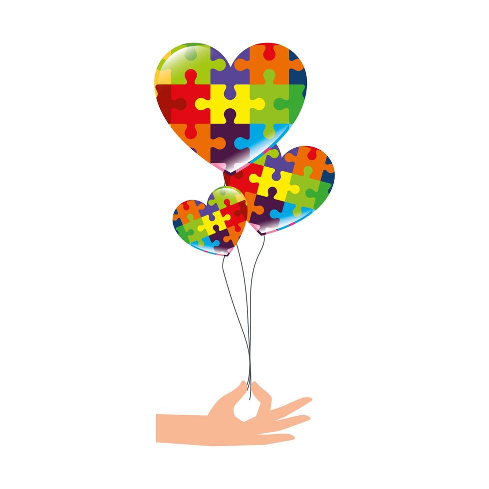 hand with balloons helium of puzzle pieces vector