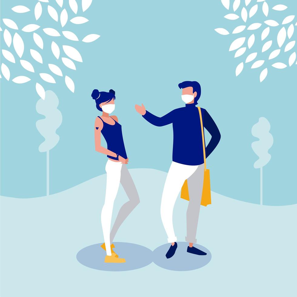 Woman and man with mask outside vector design