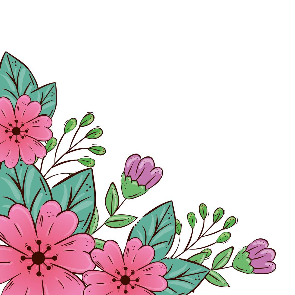 cute flowers pink and purple with leafs vector